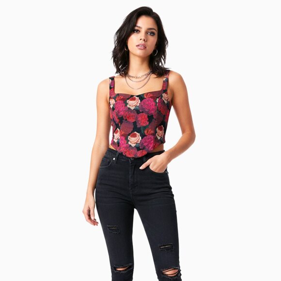 Mesh Floral Rose Corset Crop Top Sm Black Red Coquette Whimsigoth Y2K 90s Grunge - Picture 2 of 8